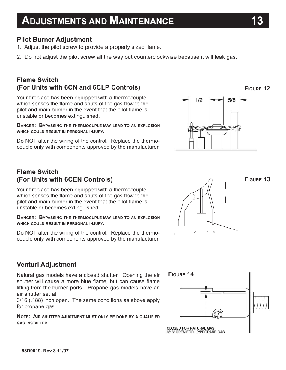 Djustments and, Aintenance, Pilot burner adjustment | Venturi adjustment, Flame switch (for units with 6cen controls), 13 f | Monessen Hearth B-Vent Specialty Gas Fireplace System DESIGNER SERIES User Manual | Page 14 / 26
