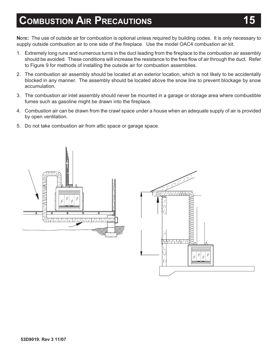 15 c, Ombustion, Recautions | Monessen Hearth B-Vent Specialty Gas Fireplace System DESIGNER SERIES User Manual | Page 16 / 26