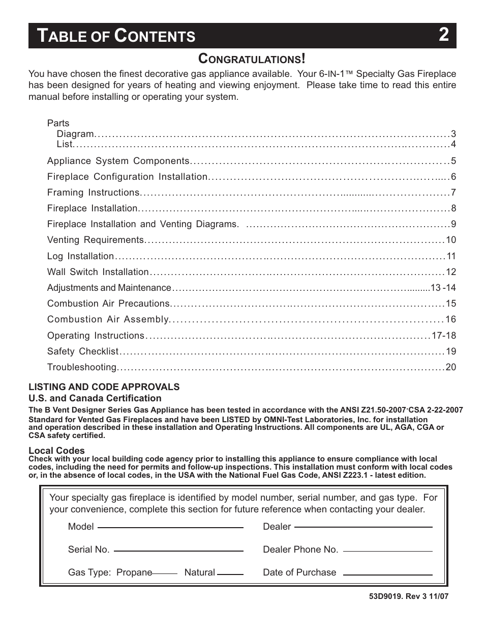 Able of, Ontents | Monessen Hearth B-Vent Specialty Gas Fireplace System DESIGNER SERIES User Manual | Page 3 / 26