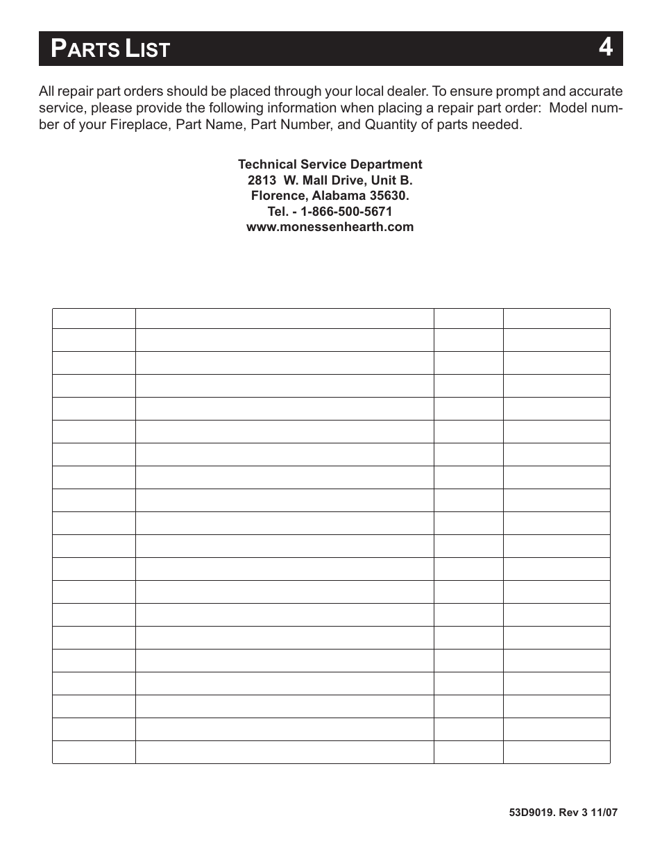 In-1 part list, Arts | Monessen Hearth B-Vent Specialty Gas Fireplace System DESIGNER SERIES User Manual | Page 5 / 26