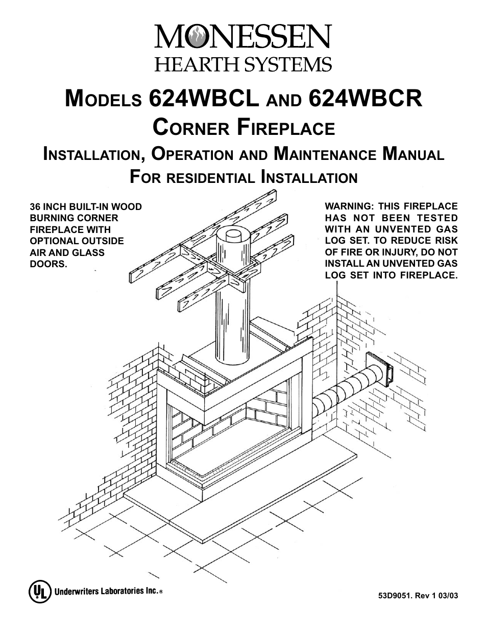 Monessen Hearth Corner Fireplace 624WBCR User Manual | 32 pages