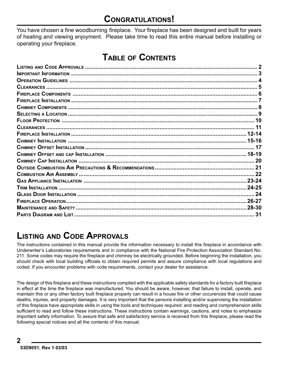Ongratulations, Isting, Pprovals | Able, Ontents | Monessen Hearth Corner Fireplace 624WBCR User Manual | Page 2 / 32