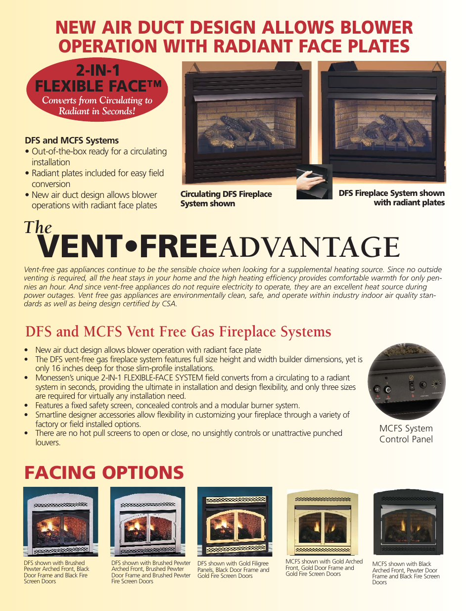 Vent•free, Advantage, Facing options | In-1 flexible face, Dfs and mcfs vent free gas fireplace systems | Monessen Hearth DFS3224 User Manual | Page 2 / 4