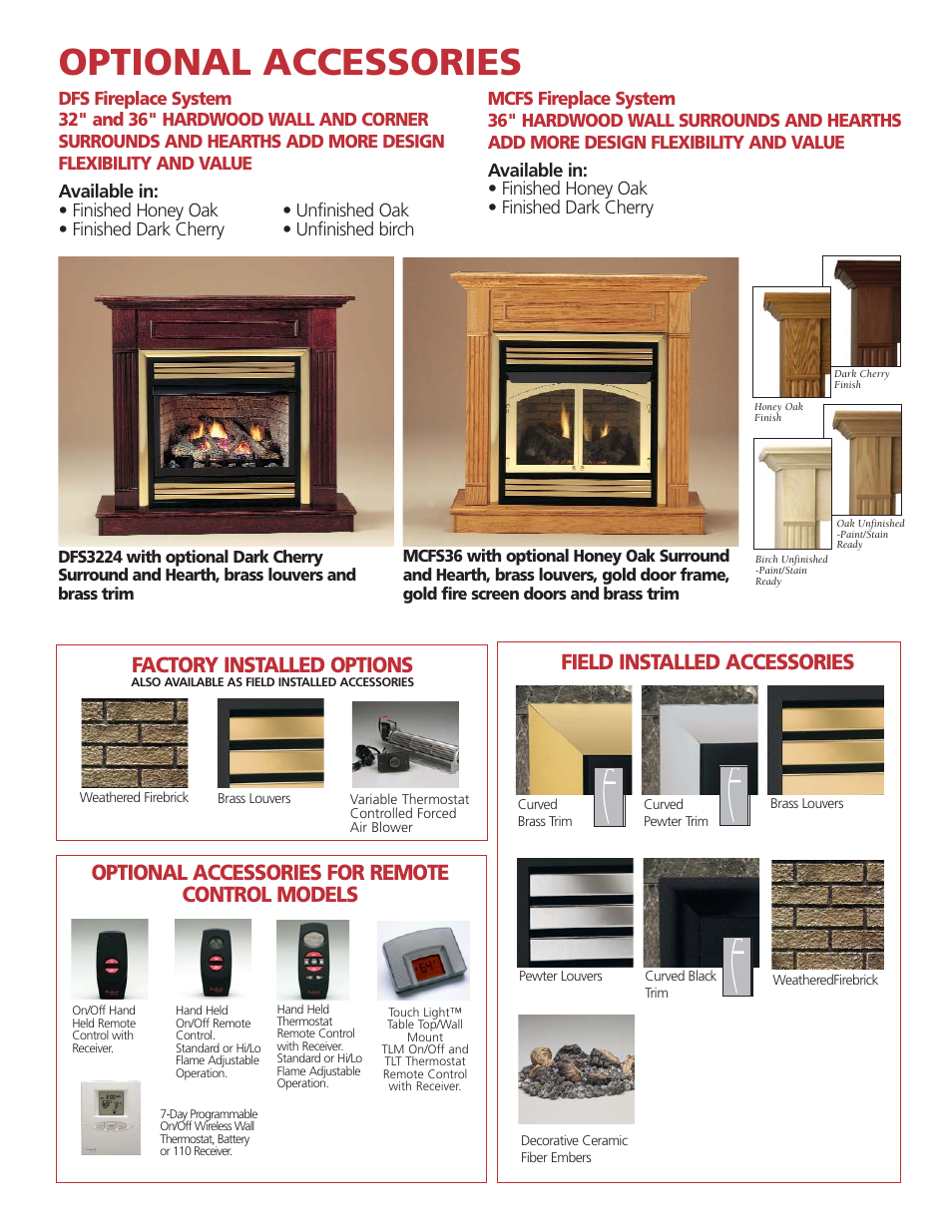 Optional accessories, Factory installed options, Optional accessories for remote control models | Field installed accessories | Monessen Hearth DFS3224 User Manual | Page 3 / 4