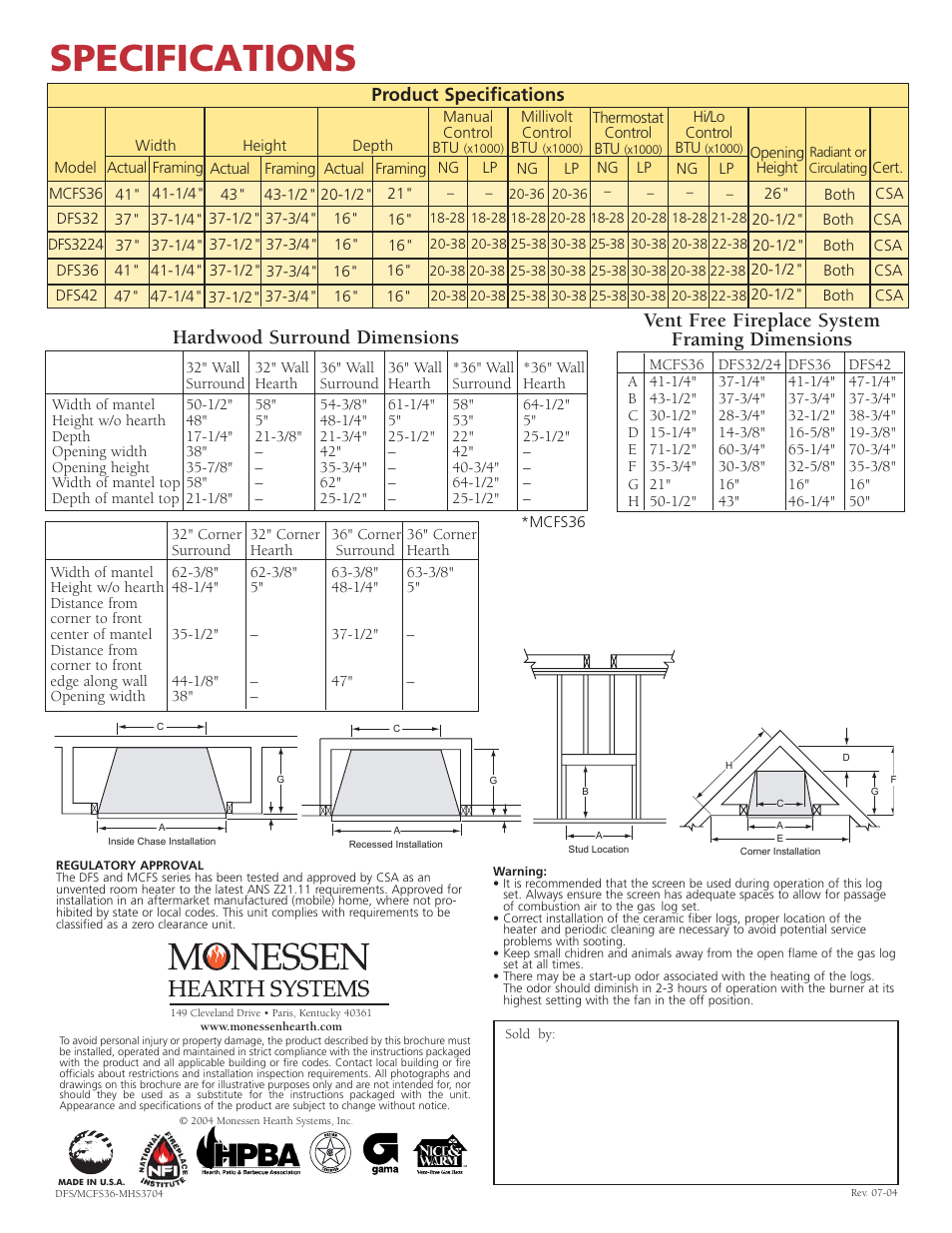 Specifications, Hardwood surround dimensions, Vent free fireplace system framing dimensions | Product specifications | Monessen Hearth DFS3224 User Manual | Page 4 / 4