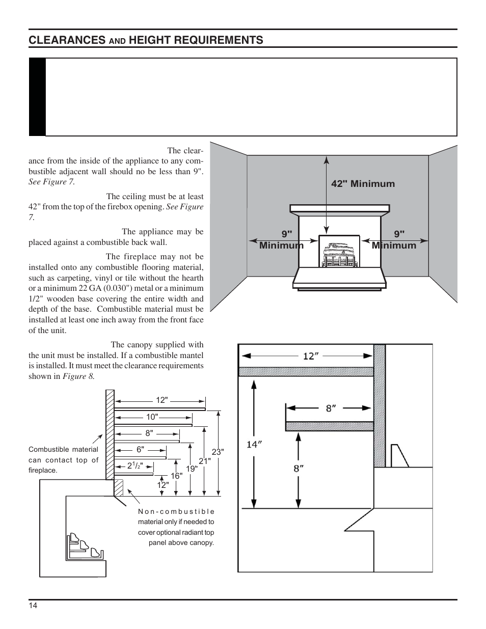 Clearances, Height requirements, Warning | Monessen Hearth DFS36NVC User Manual | Page 14 / 44