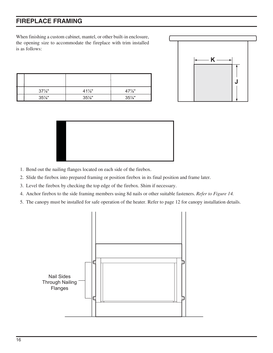 Fireplace framing k j, Warning | Monessen Hearth DFS36NVC User Manual | Page 16 / 44