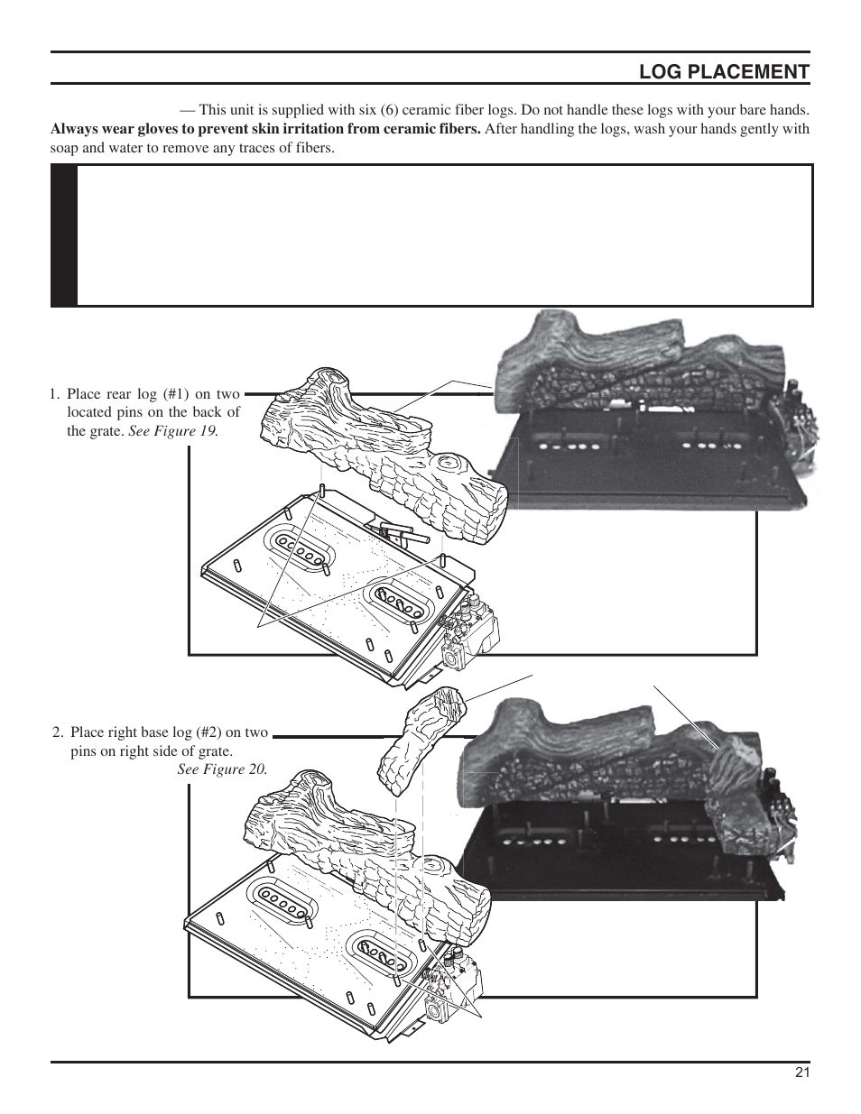 Log placement, Warning | Monessen Hearth DFS36NVC User Manual | Page 21 / 44