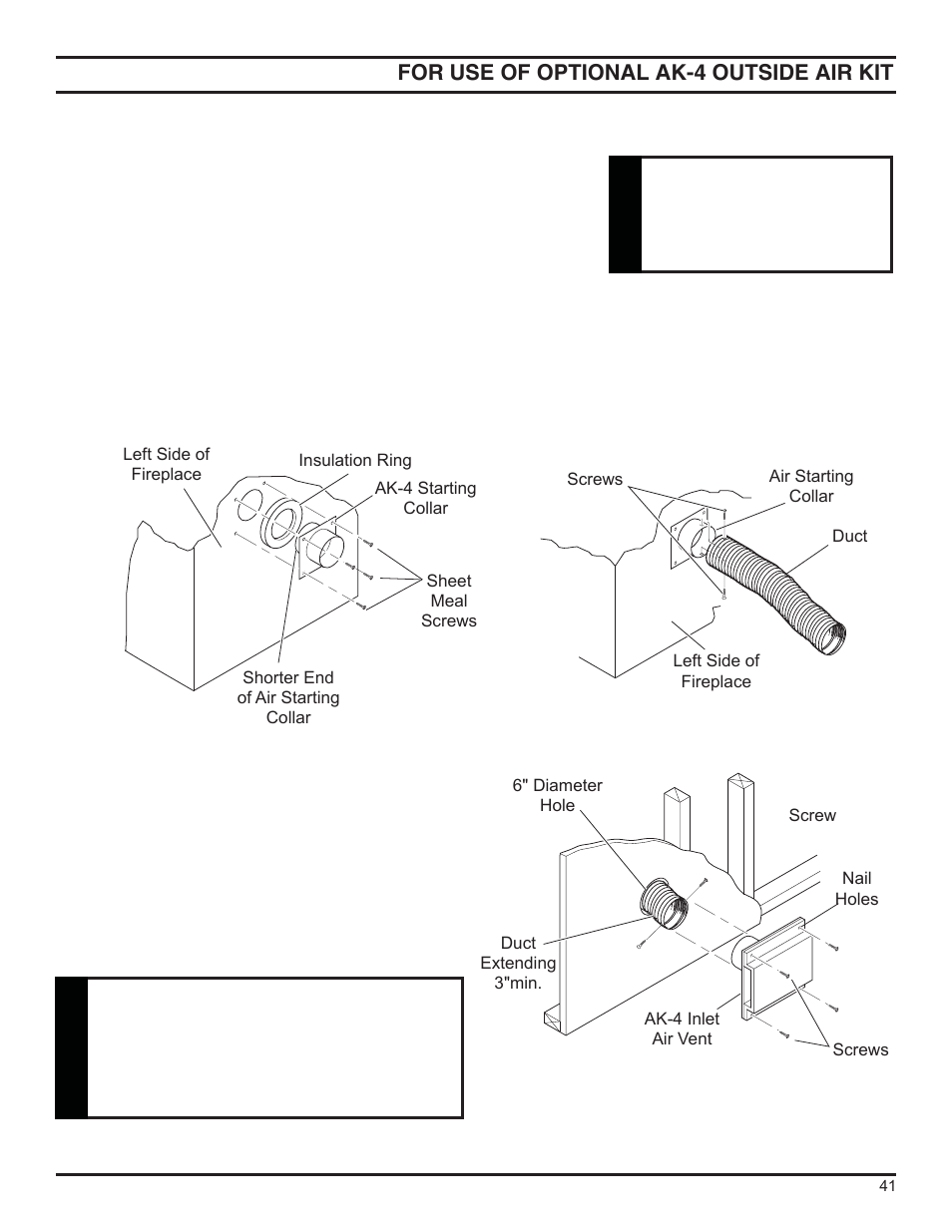 For use of optional ak-4 outside air kit, Wa rning, Warning | Monessen Hearth DFS36NVC User Manual | Page 41 / 44