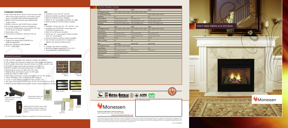 Monessen, Vent free fireplace systems, Hpba | Optional accessories, Standard features | Monessen Hearth Vent Free DFX32C User Manual | Page 5 / 6