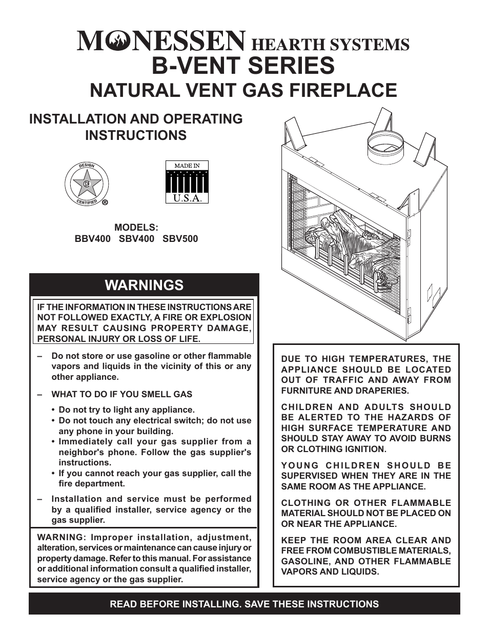 Monessen Hearth Natural Vent Gas Fireplace SBV400 User Manual | 42 pages