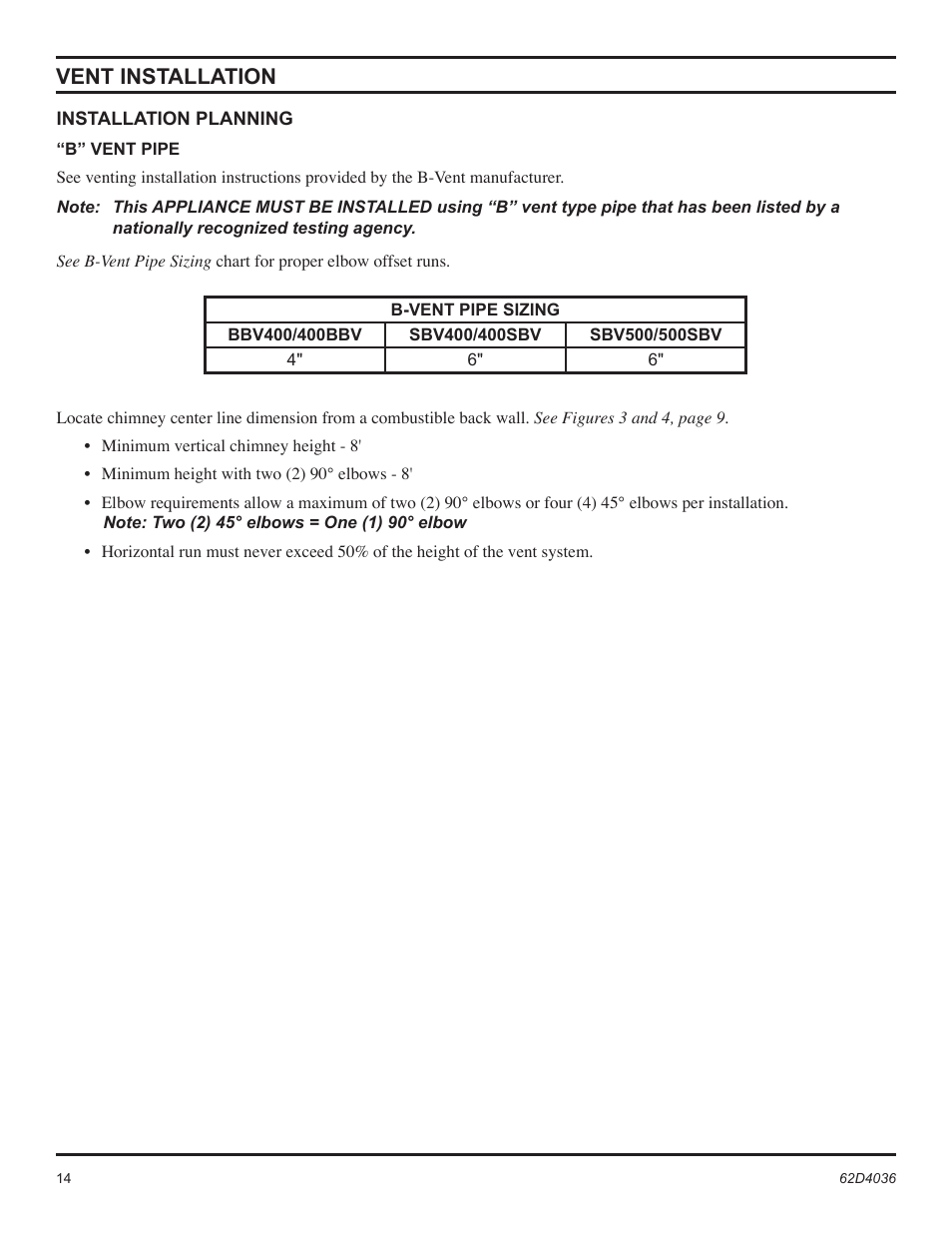 Vent installation | Monessen Hearth Natural Vent Gas Fireplace SBV400 User Manual | Page 14 / 42