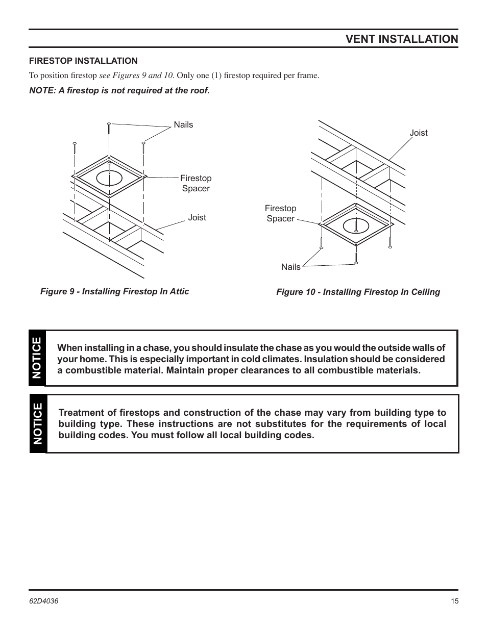 Notice, Notice vent installation | Monessen Hearth Natural Vent Gas Fireplace SBV400 User Manual | Page 15 / 42