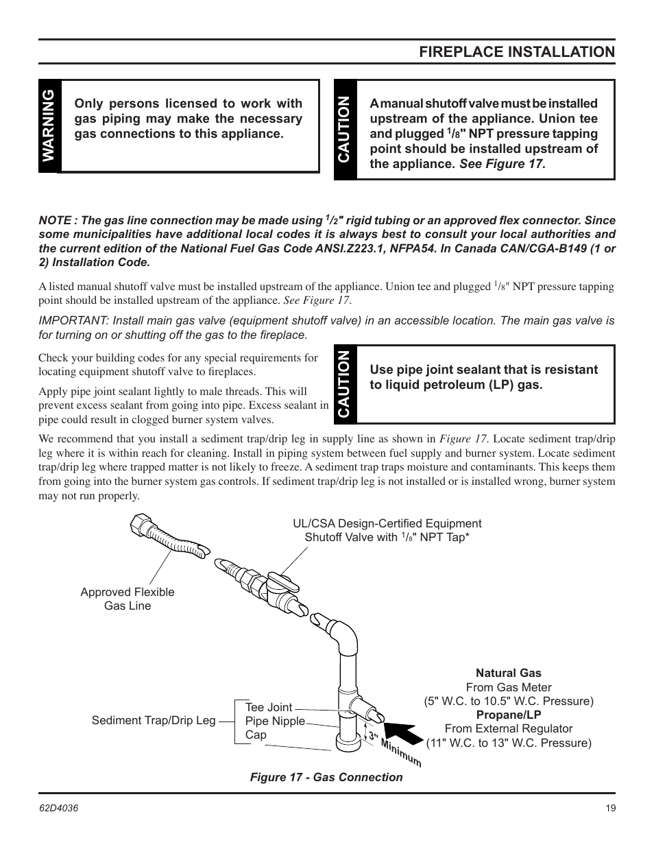 Fireplace installation, Caution, Warning | Monessen Hearth Natural Vent Gas Fireplace SBV400 User Manual | Page 19 / 42