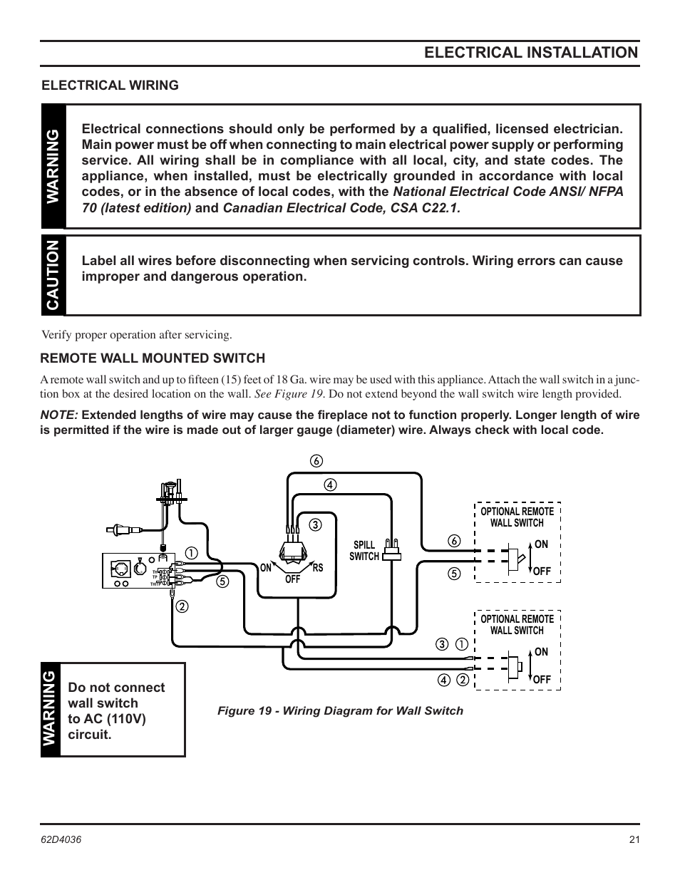 Electrical installation, Warning, Caution | Remote wall mounted switch, Do not connect wall switch to ac (110v) circuit | Monessen Hearth Natural Vent Gas Fireplace SBV400 User Manual | Page 21 / 42