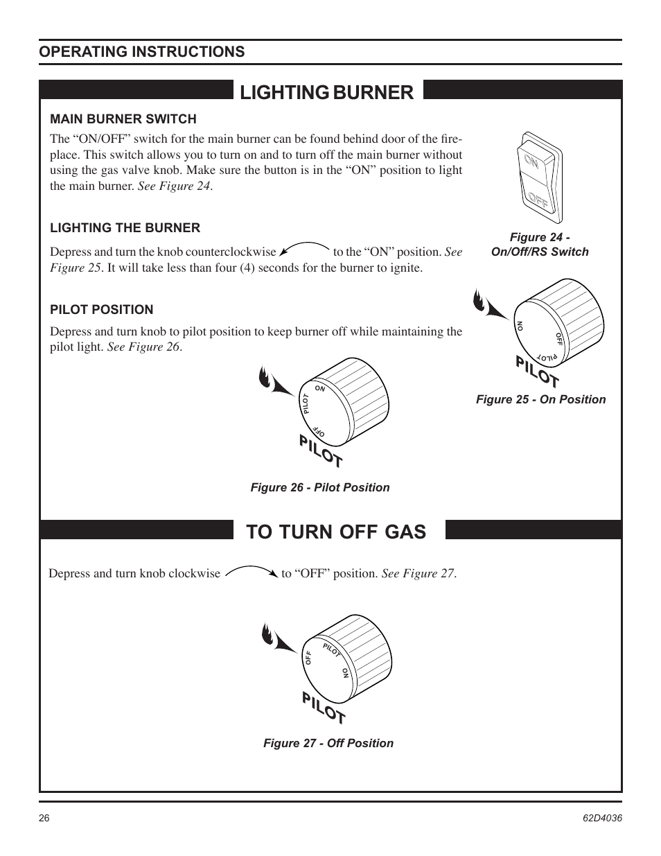 Lighting burner, Pilo t, Operating instructions | Monessen Hearth Natural Vent Gas Fireplace SBV400 User Manual | Page 26 / 42