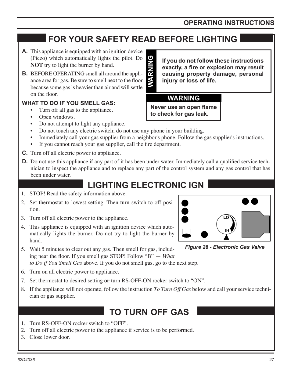 Lighting electronic ign | Monessen Hearth Natural Vent Gas Fireplace SBV400 User Manual | Page 27 / 42