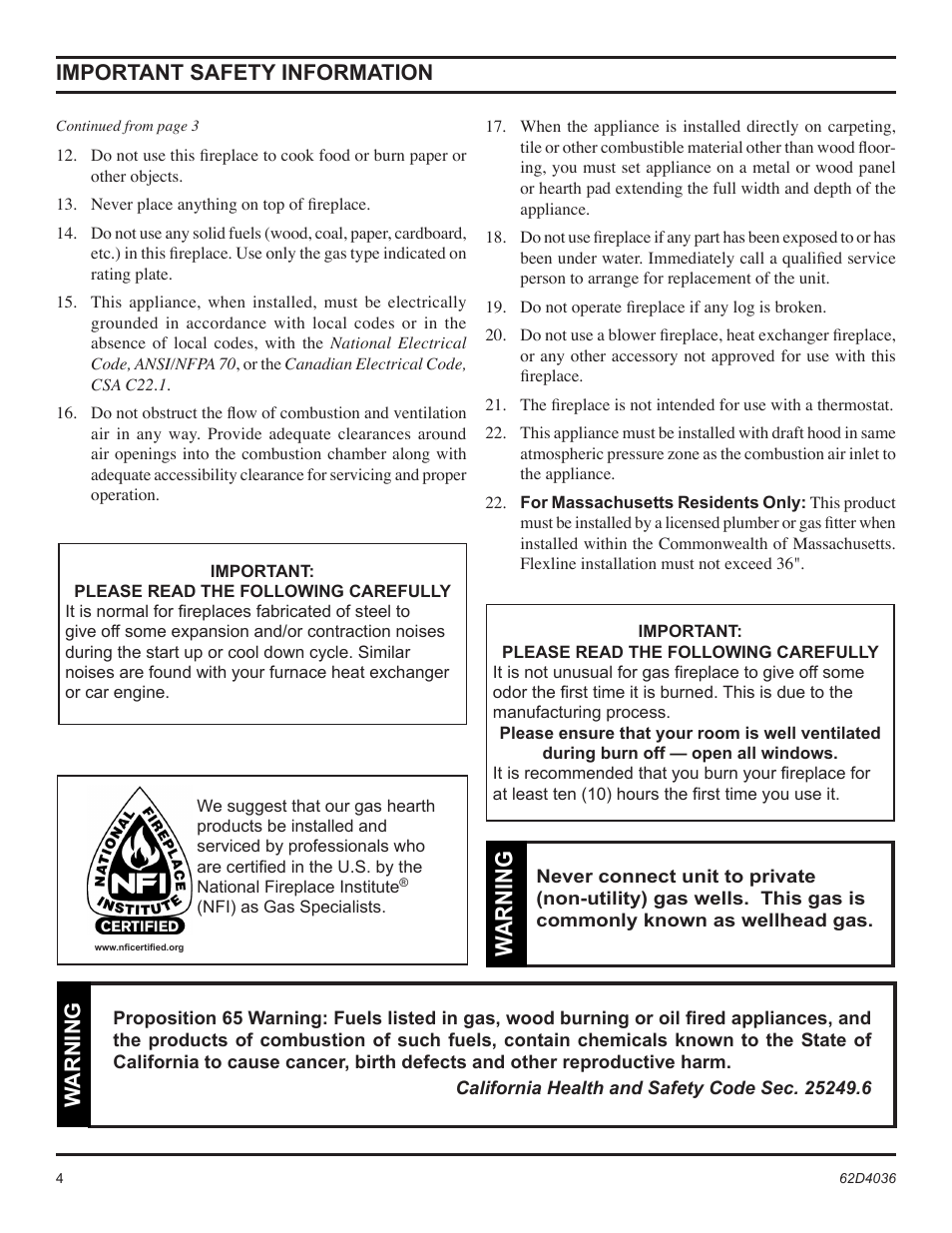 Warning, Important safety information | Monessen Hearth Natural Vent Gas Fireplace SBV400 User Manual | Page 4 / 42