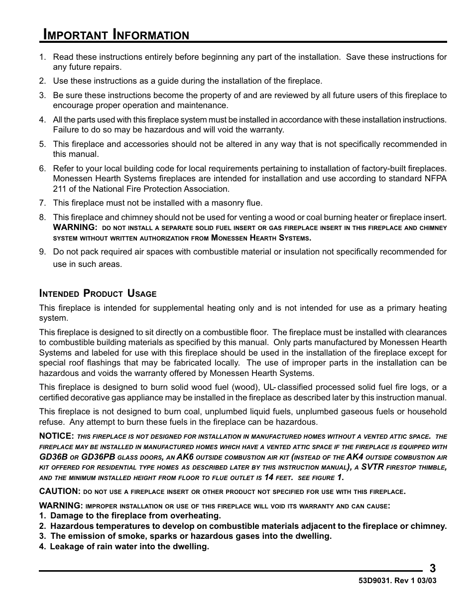 Mportant, Nformation | Monessen Hearth BWB400 User Manual | Page 3 / 80