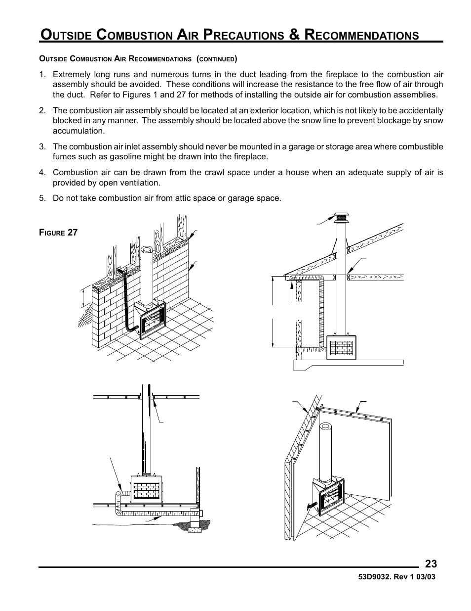 Utside, Ombustion, Recautions | Ecommendations | Monessen Hearth BWB400 User Manual | Page 63 / 80