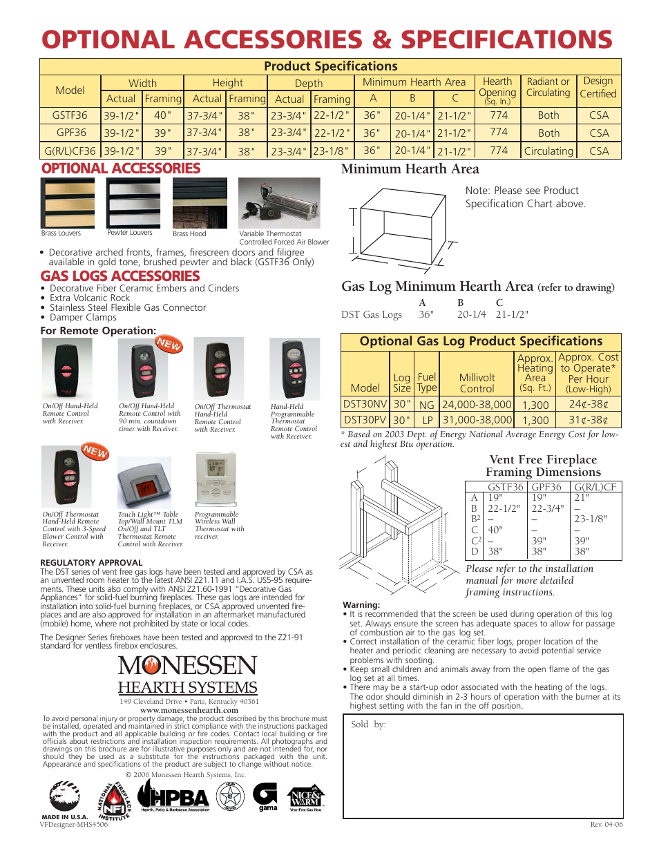 Optional accessories & specifications, Gas logs accessories, Minimum hearth area | Gas log minimum hearth area, Optional accessories, Product specifications, Optional gas log product specifications, Vent free fireplace framing dimensions | Monessen Hearth GSTF36 User Manual | Page 4 / 4