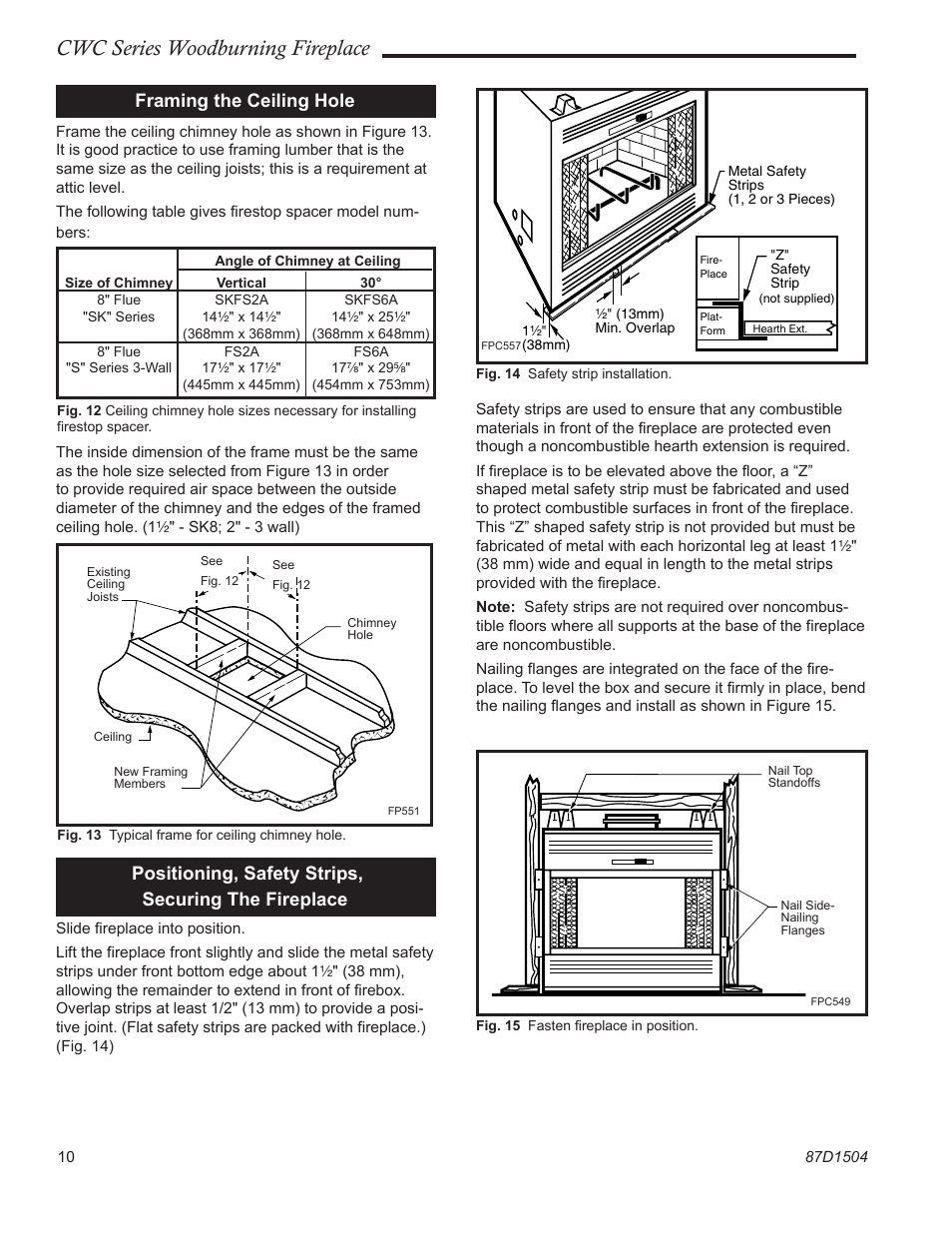 Cwc series woodburning fireplace, Framing the ceiling hole, Positioning, safety strips, securing the fireplace | Monessen Hearth CWC500 User Manual | Page 10 / 24