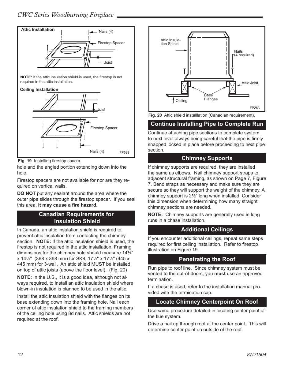 Cwc series woodburning fireplace, Canadian requirements for insulation shield, Continue installing pipe to complete run | Chimney supports, Additional ceilings, Penetrating the roof, Locate chimney centerpoint on roof | Monessen Hearth CWC500 User Manual | Page 12 / 24