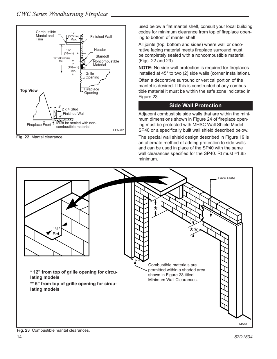 Cwc series woodburning fireplace, Side wall protection | Monessen Hearth CWC500 User Manual | Page 14 / 24