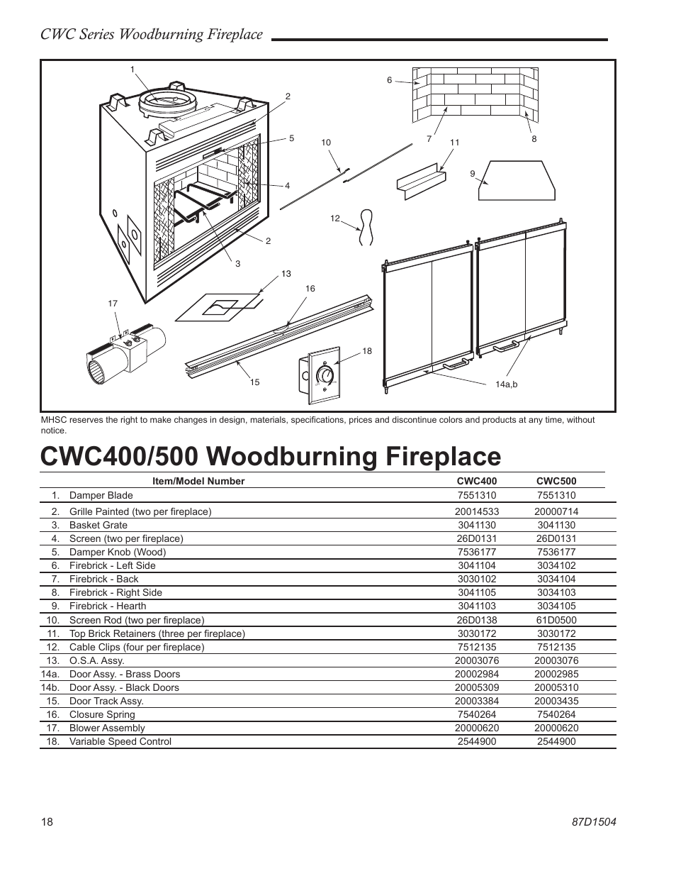 Cwc series woodburning fireplace | Monessen Hearth CWC500 User Manual | Page 18 / 24