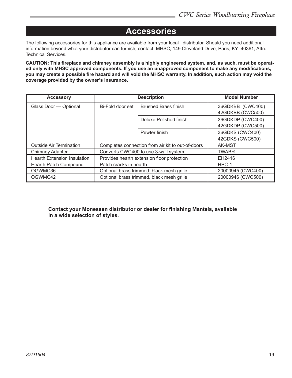 Accessories, Cwc series woodburning fireplace | Monessen Hearth CWC500 User Manual | Page 19 / 24