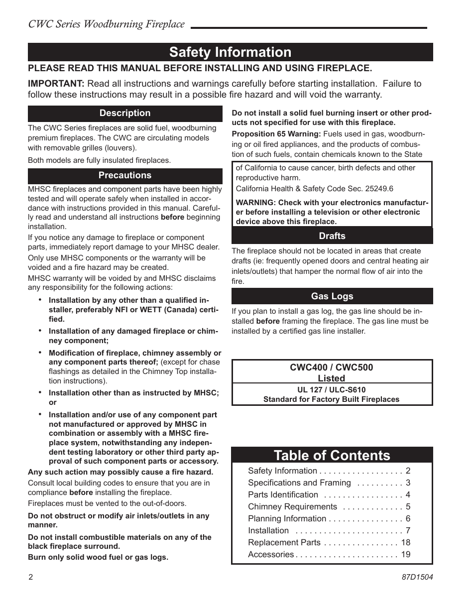 Monessen Hearth CWC500 User Manual | Page 2 / 24