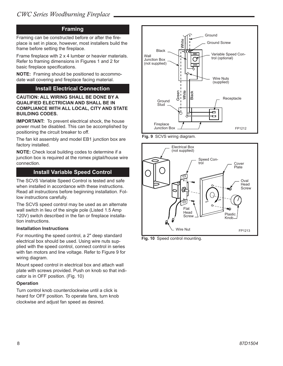 Cwc series woodburning fireplace, Framing, Install electrical connection | Install variable speed control | Monessen Hearth CWC500 User Manual | Page 8 / 24