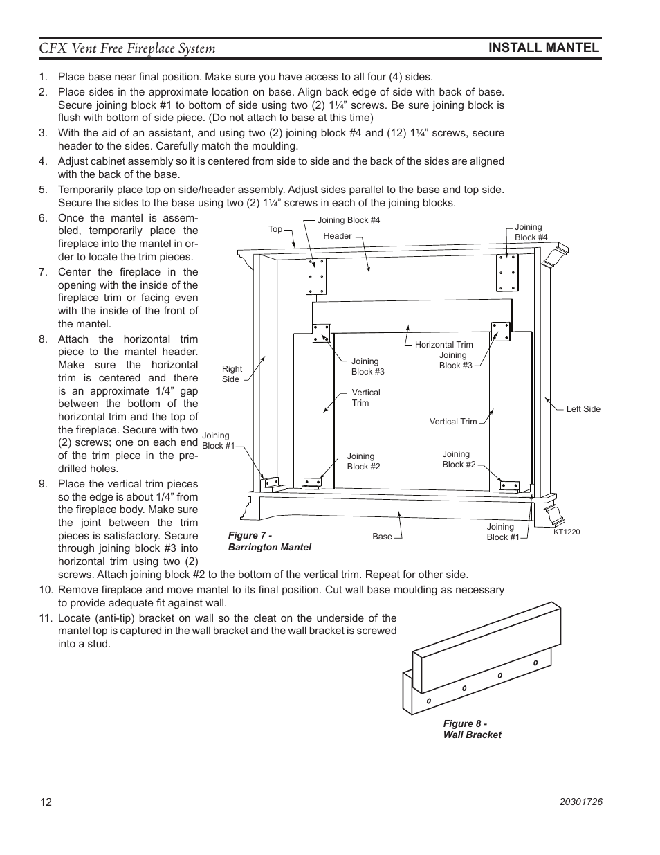 Cfx vent free fireplace system, Install mantel, Kt1233 wall bracket | Monessen Hearth CFX24 User Manual | Page 12 / 36