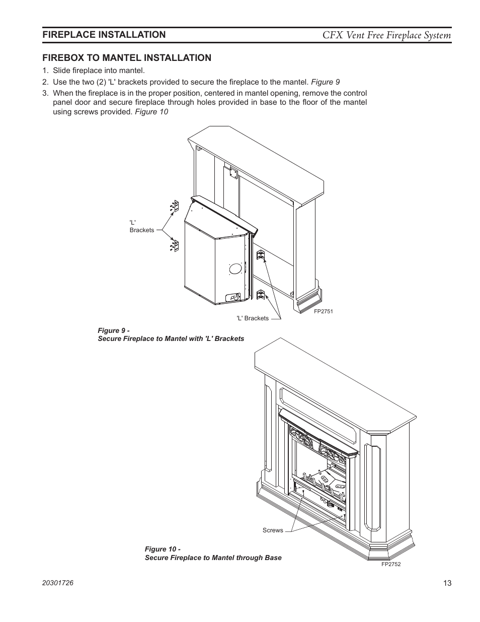 Cfx vent free fireplace system, Fp2751 mantel l brackets | Monessen Hearth CFX24 User Manual | Page 13 / 36