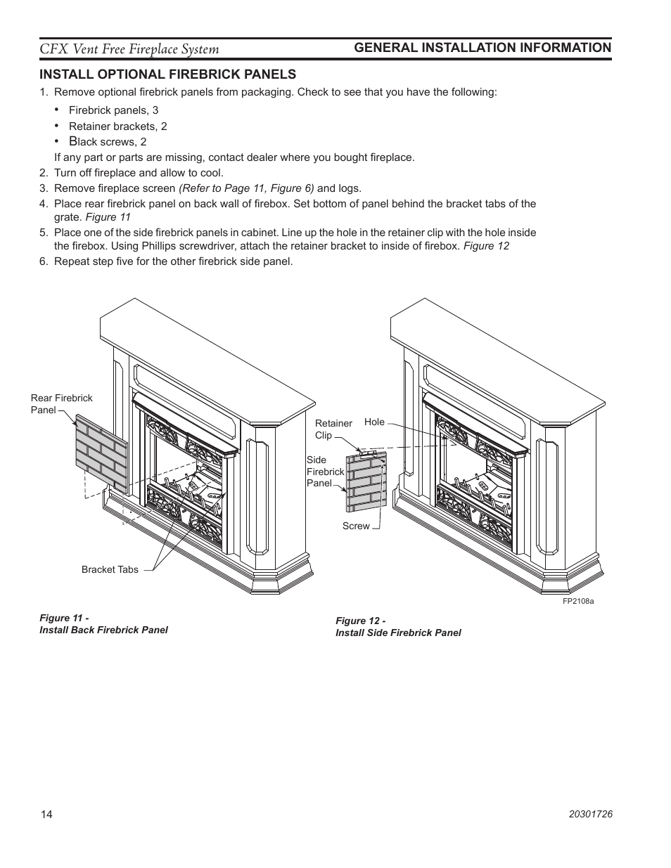 Cfx vent free fireplace system, Fp2108a install firebrick | Monessen Hearth CFX24 User Manual | Page 14 / 36