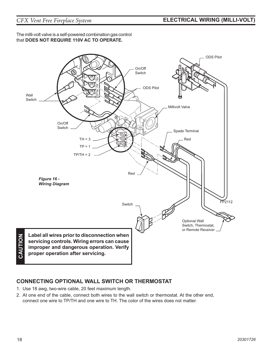 Cfx vent free fireplace system, Electrical wiring (milli-volt), Connecting optional wall switch or thermostat | Caution | Monessen Hearth CFX24 User Manual | Page 18 / 36