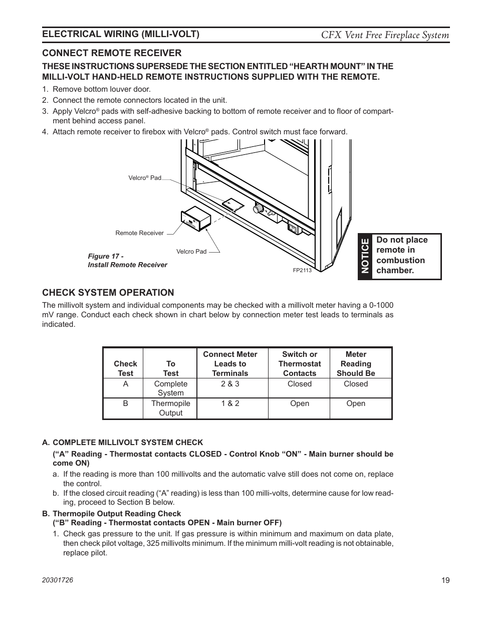 Fp2113 install remote, Cfx vent free fireplace system | Monessen Hearth CFX24 User Manual | Page 19 / 36