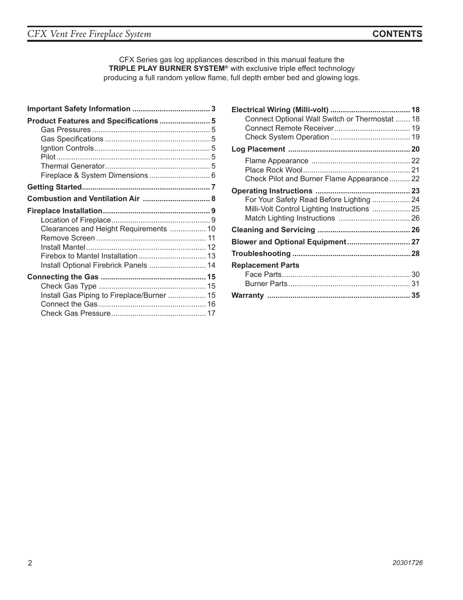 Cfx vent free fireplace system | Monessen Hearth CFX24 User Manual | Page 2 / 36