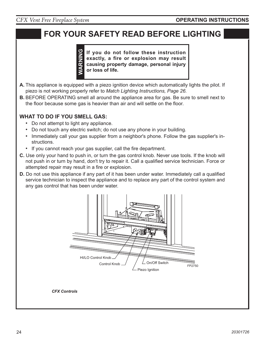 For your safety read before lighting, Fp2750 cfx controls, Cfx vent free fireplace system | Monessen Hearth CFX24 User Manual | Page 24 / 36