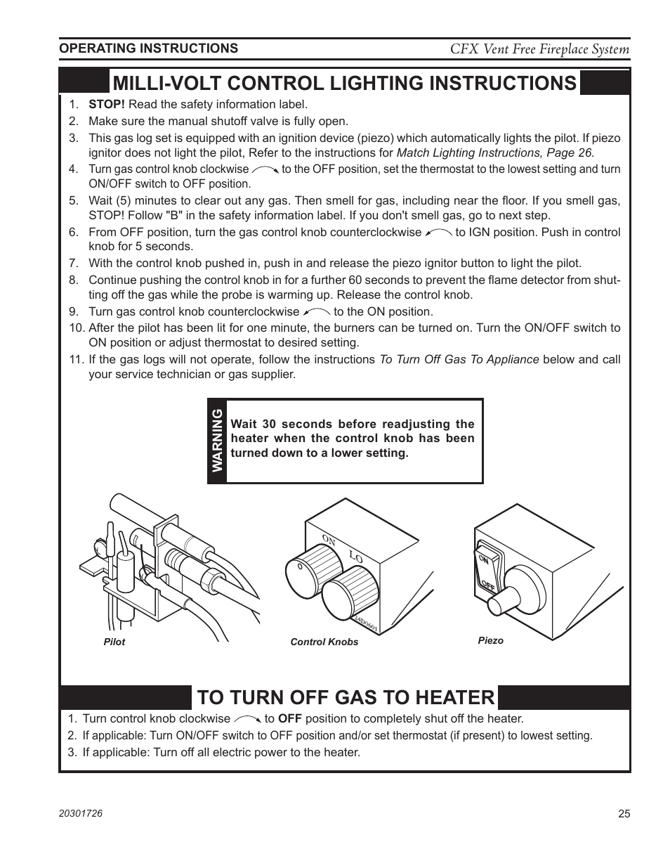 Milli-volt control lighting instructions, Fp2117 control knob, Fp2118 piezo | Monessen Hearth CFX24 User Manual | Page 25 / 36