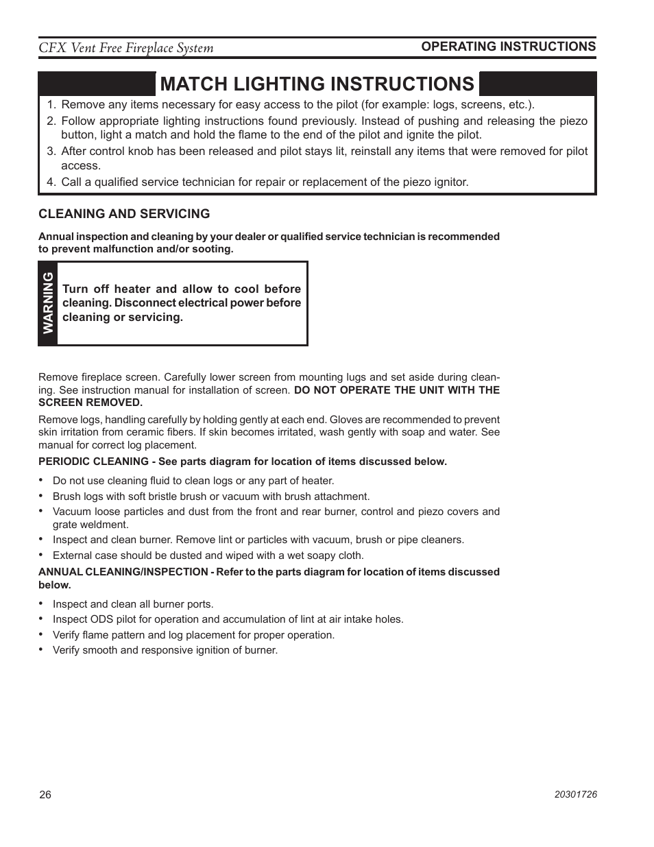 Match lighting instructions, Cfx vent free fireplace system | Monessen Hearth CFX24 User Manual | Page 26 / 36