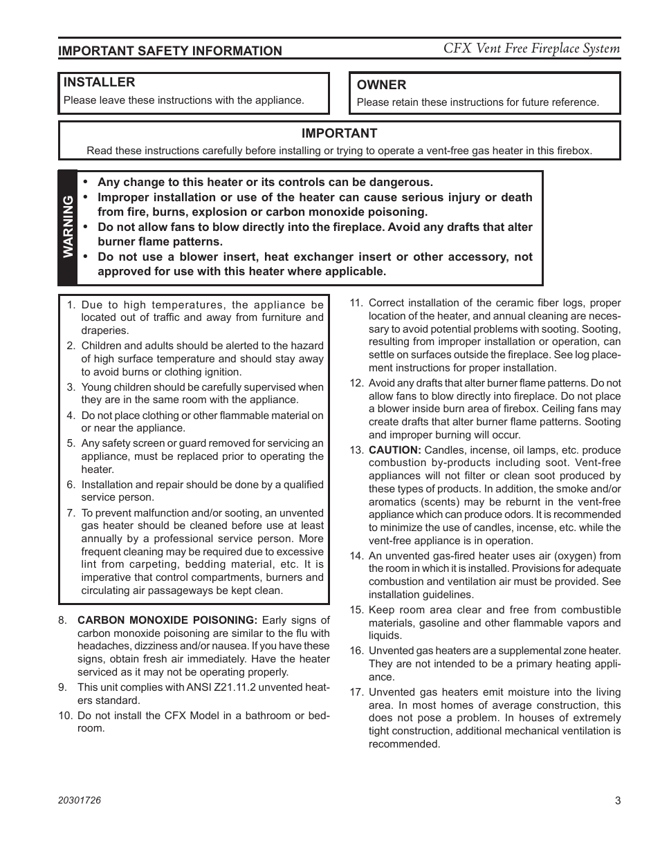 Cfx vent free fireplace system | Monessen Hearth CFX24 User Manual | Page 3 / 36