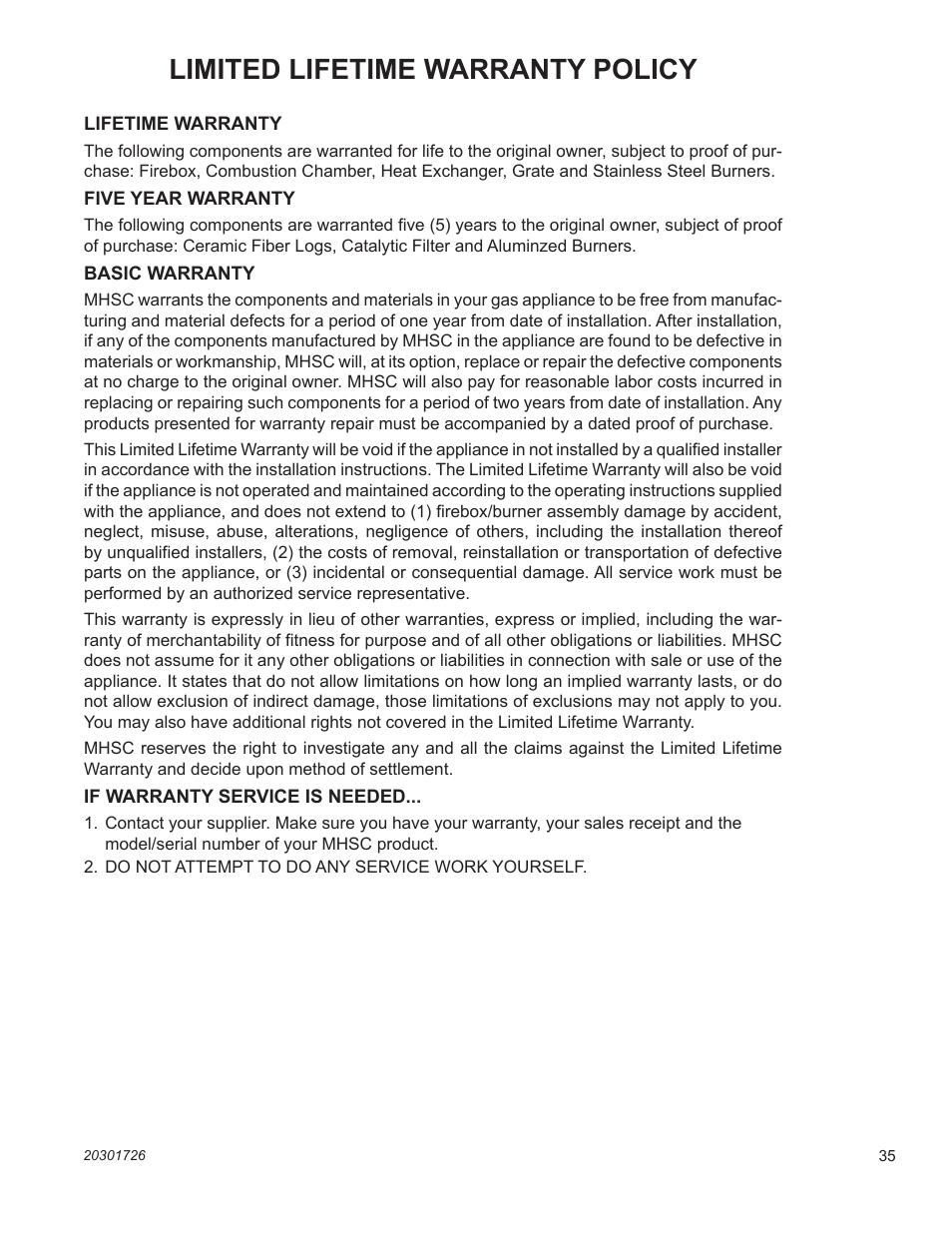 Limited lifetime warranty policy | Monessen Hearth CFX24 User Manual | Page 35 / 36