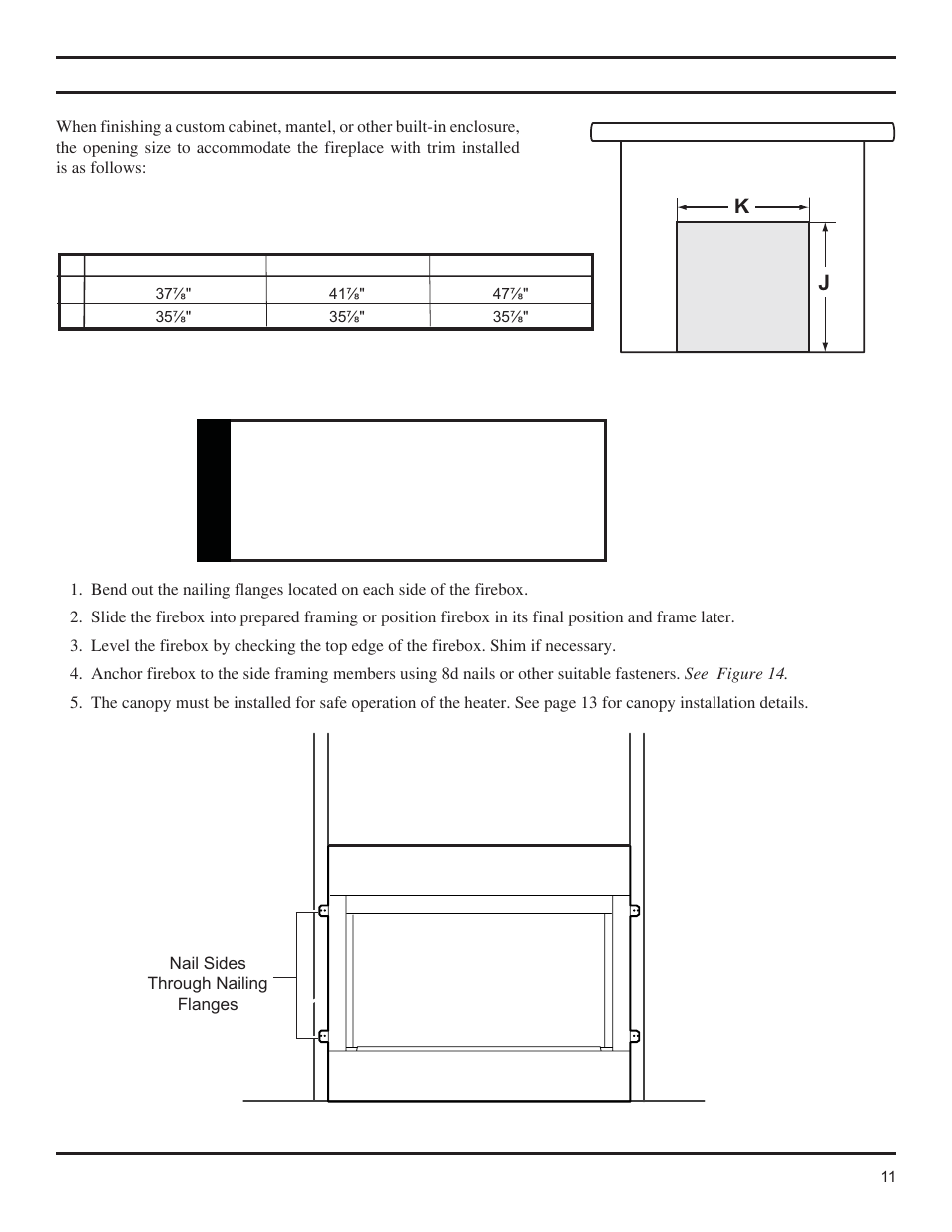 Kj fireplace framing, Warning | Monessen Hearth GCUF Series User Manual | Page 11 / 20