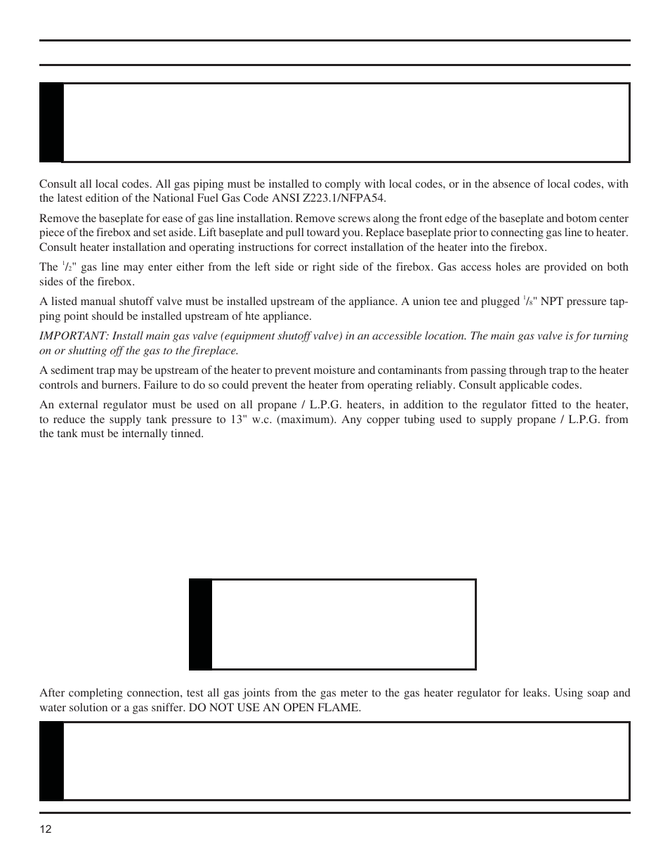 Gas line installation, Warning | Monessen Hearth GCUF Series User Manual | Page 12 / 20