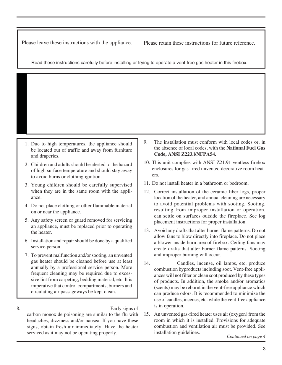 Important safety information, Warning | Monessen Hearth GCUF Series User Manual | Page 3 / 20