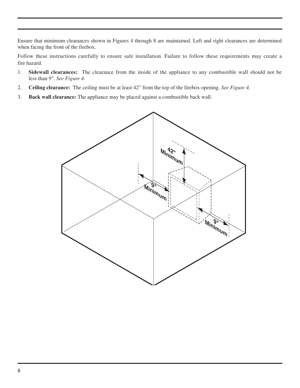 Clearances, Height requirements | Monessen Hearth GCUF Series User Manual | Page 8 / 20