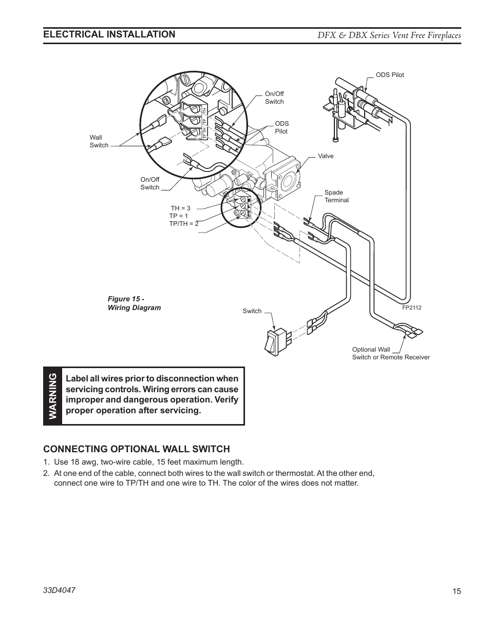 Warning, Connecting optional wall switch | Monessen Hearth DFX32C User Manual | Page 15 / 36