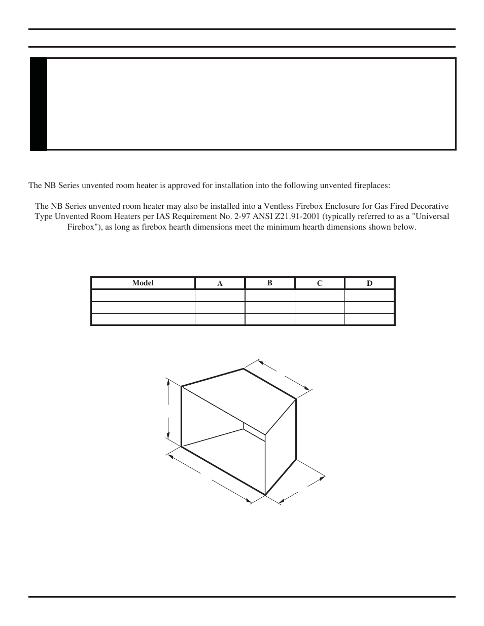 Ac d b, Fireplace and hearth dimensions, Warning | Monessen Hearth NB24 User Manual | Page 9 / 40