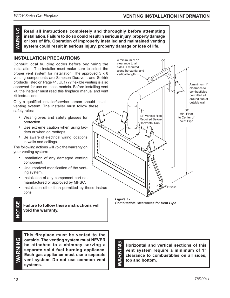 Warn in g w arn in g | Monessen Hearth WIDEVIEW WDV500 User Manual | Page 10 / 48